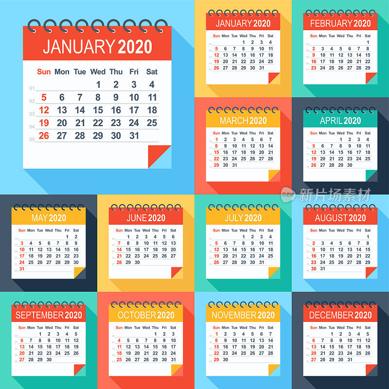 日历2020 -平坦现代多彩的。周日开始一周